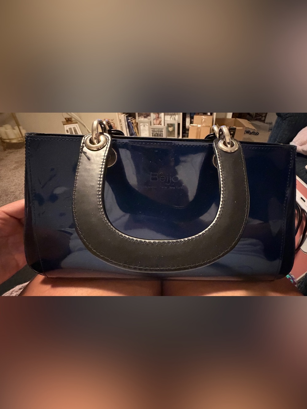 Beijo Glossy Navy Patent Mini Bag with Black Handles